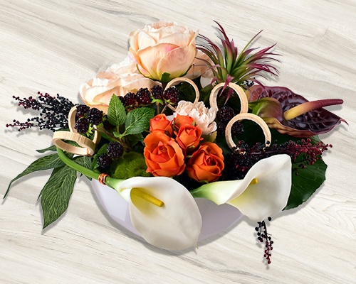 Coupe quartz, pivoine, rose cabbage, anthurium, succulent, callas.